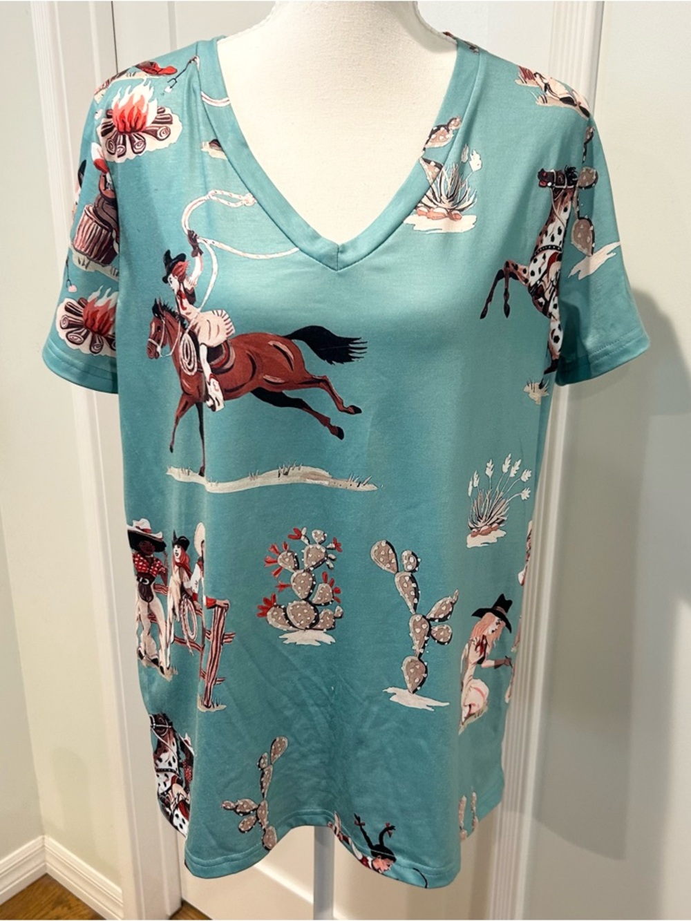 Women’s Teal Western Cowgirl Print V-Neck Top